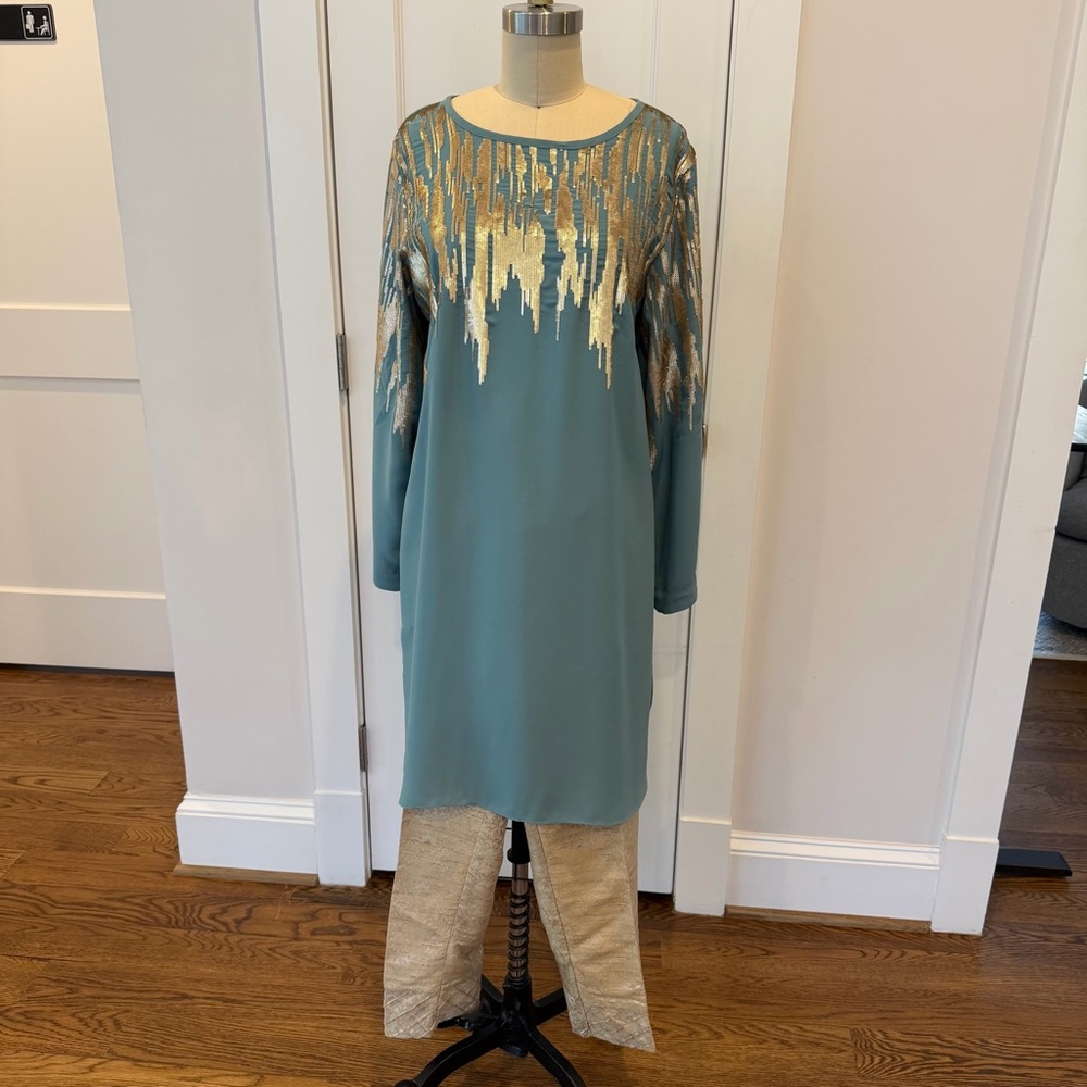 Beechtree Teal and Gold Long Sleeve Kurta and Pajama